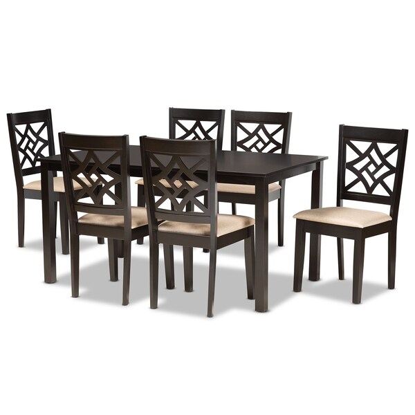 Baxton Studio Nicolette Modern and Contemporary Sand Fabric and Dark Brown Finished Wood 7-Piece Dining Set 176-11386-10519-Zoro - main